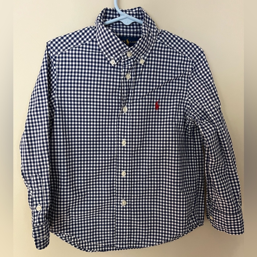 Boys Ralph Lauren button down dress shirt blue and white gingham.